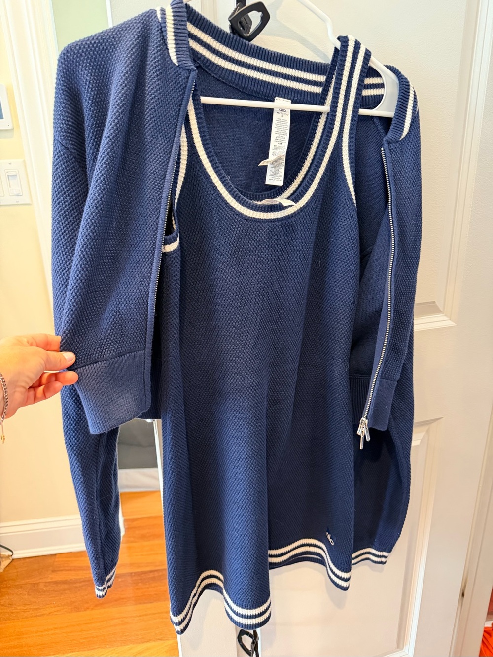 ALO Yoga Navy Blue Knit Tank and Zip Cardigan Set with Cream Stripe